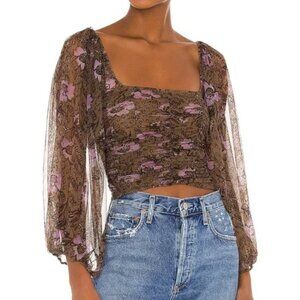 Free People Top lilia floral ruched sheer puff sleeve womens Brown (small) party